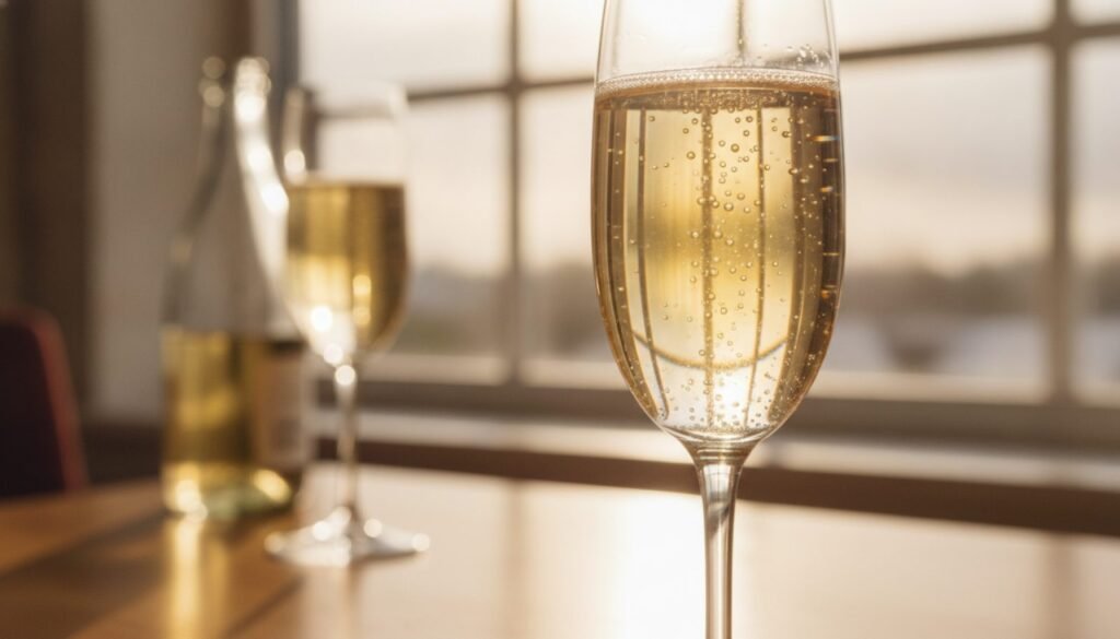 Fijne bubbels die opstijgen in een glas mousserende wijn