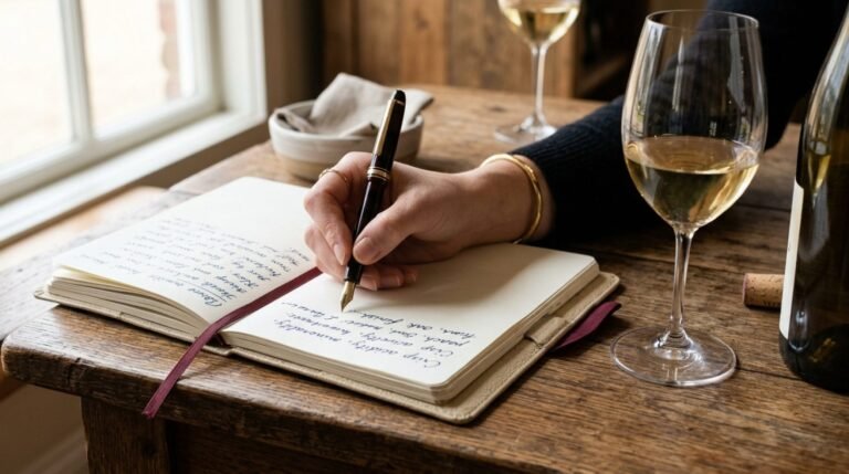 Hand die een proefnotitie schrijft naast een glas witte wijn