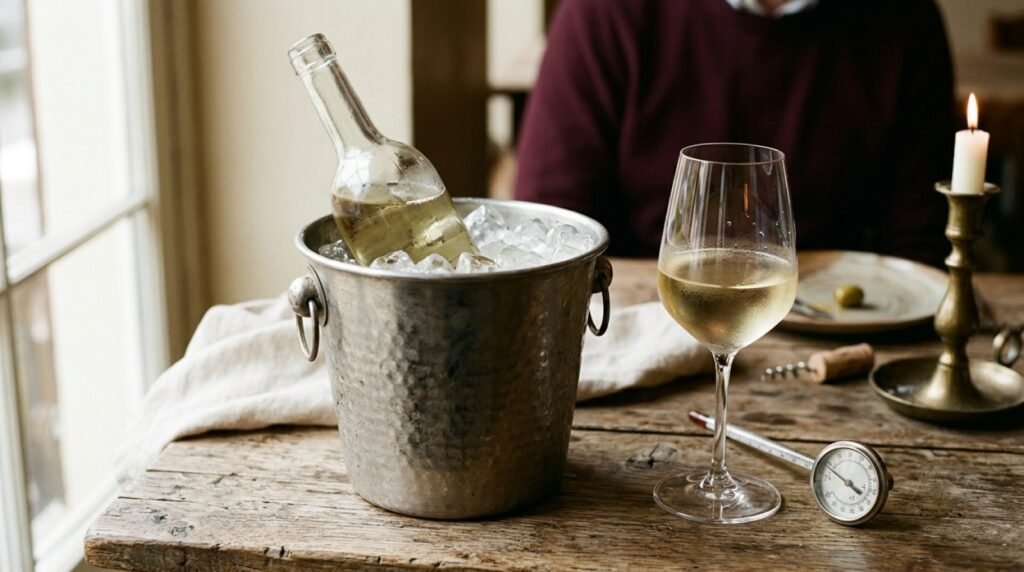 Fles witte wijn in een ijsemmer met een gekoeld glas en wijnthermometer