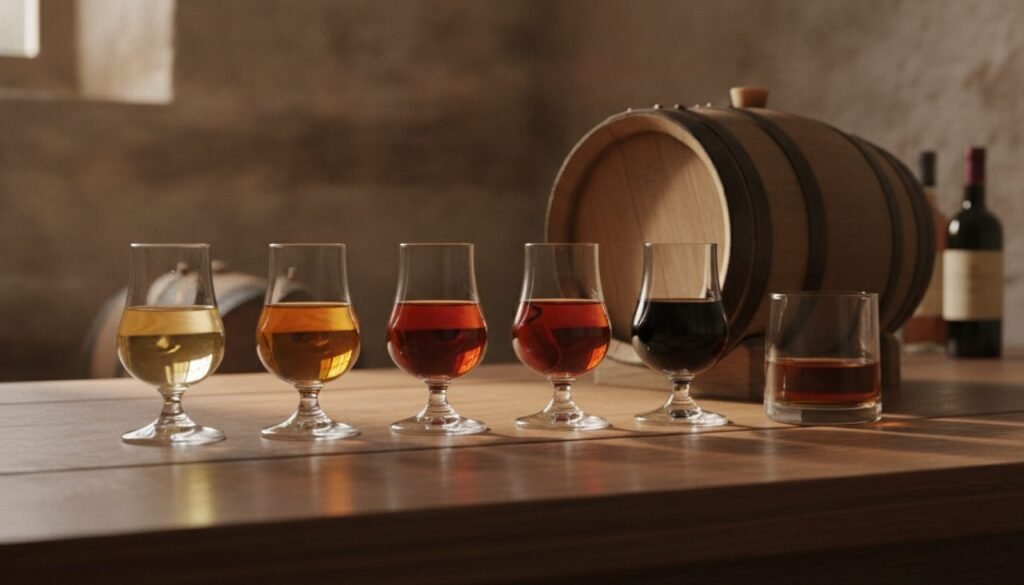 Glazen sherry en port van bleek tot donkerbruin naast een vat in een kelder