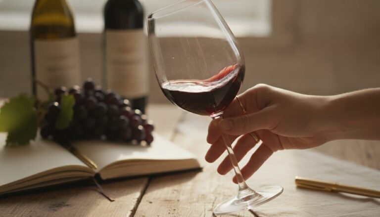 Hand die een glas rode wijn walst boven een proeftafel
