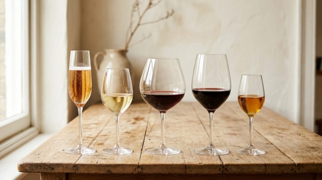 Verschillende wijnglazen naast elkaar: flute, witte-wijnglas, bourgogne- en bordeauxglas