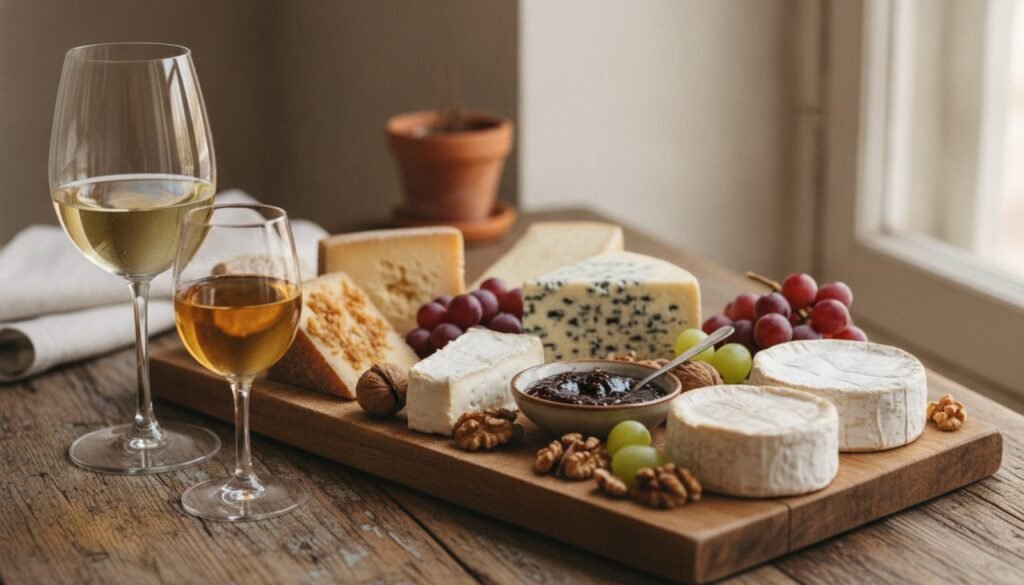 Kaasplank met oude kaas, blauwe kaas en geitenkaas naast een glas witte en een glas zoete wijn