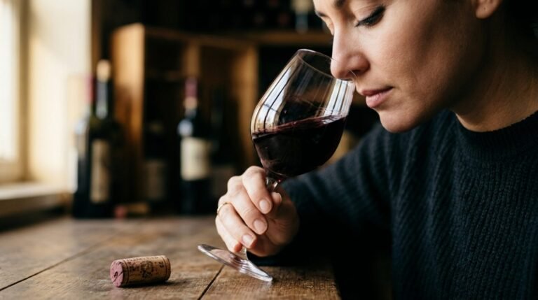 Iemand die aandachtig ruikt aan een glas rode wijn naast een oude kurk